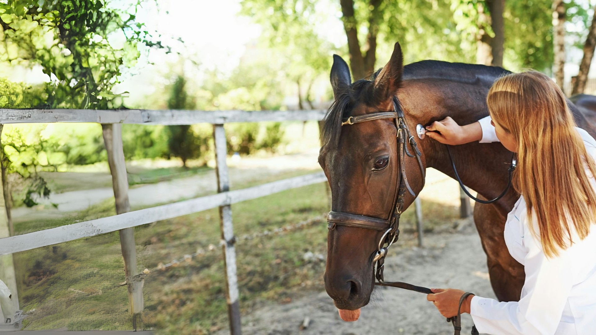 A stethoscope on a brown horse by a fence